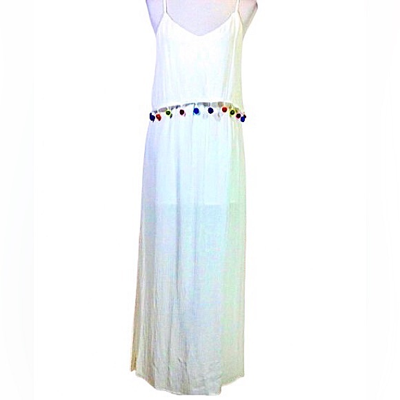 Blush Dresses & Skirts - NWT White Pom Pom Trim Long Maxi Dress Size Medium